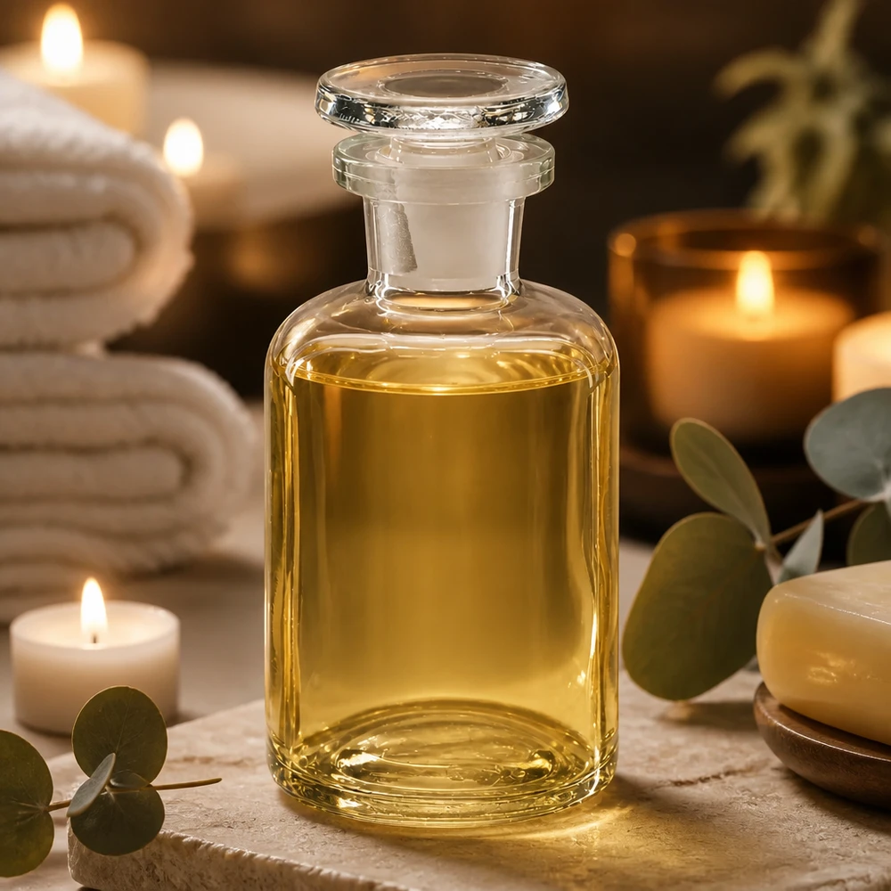 Bottiglia di vetro a spalla arrotondata da 50 ml, trasparente, con tappo in vetro, in un ambiente spa con candele ed eucalipto