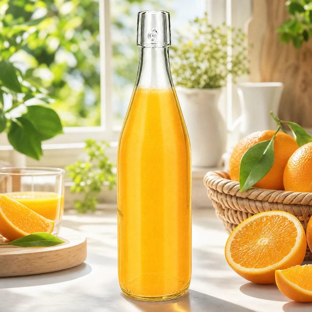 Bottiglia in vetro da 500 ml senza tappo UNiTWIST 500ml UNiTWIST Glasflasche mit frischem Orangensaft auf sonniger Fensterbank mit Orangen und Glas im Landhausstil