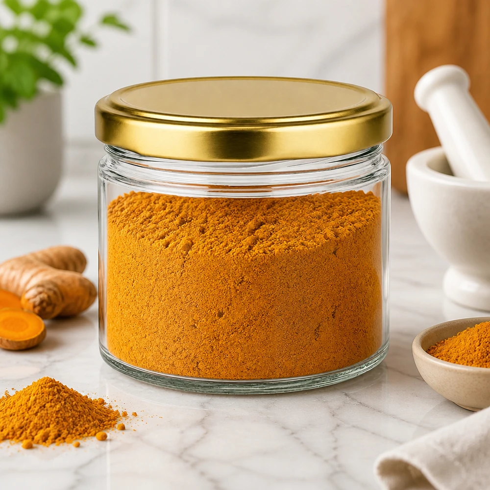 Barattolo rotondo da 540 ml con coperchio BasicSeal riempito d'oro con polvere di curcuma sul piano di lavoro in marmo Ambiente cucina