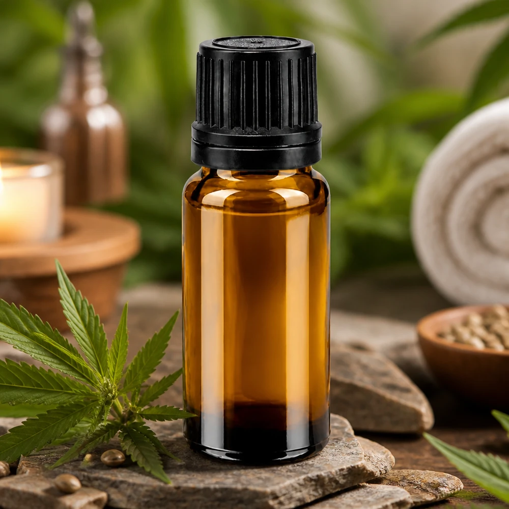 Flacone contagocce marrone da 10ml OV nero/1mm ApoGlas Flacone contagocce da 10 ml in vetro da farmacia di colore marrone con tappo OV nero tra foglie di cannabis