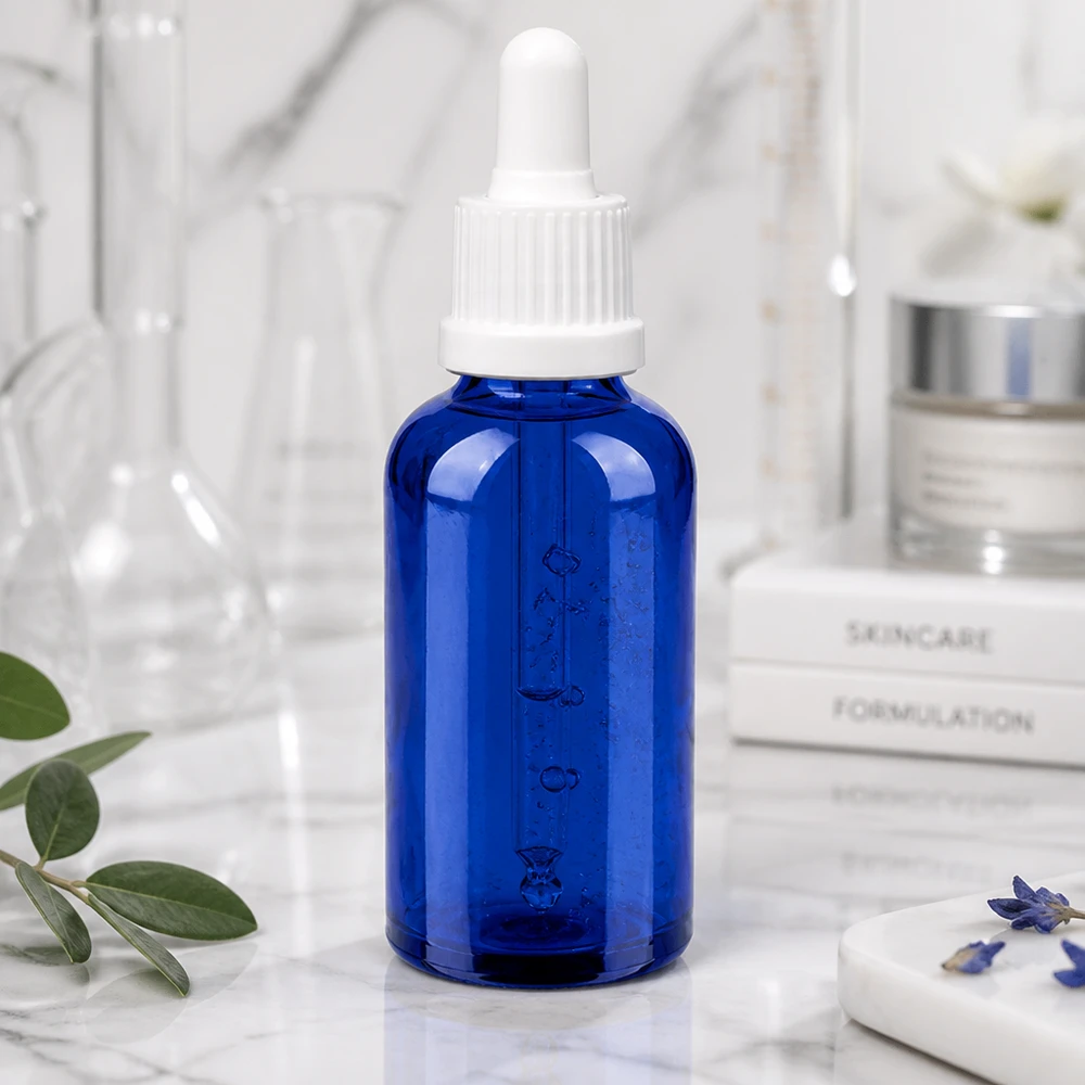 Bottiglia di vetro blu da 50 ml OV BlueLine UT18/50 con pipetta bianca per un'esatta porzionatura