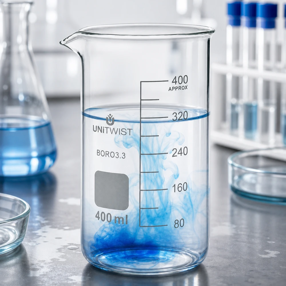 Bicchiere 400ml borosilicato, stampo alto UNITWIST Bicchiere di vetro trasparente da 400 ml, forma alta, con inchiostro blu che si diffonde nell'acqua limpida – Immagine di laboratorio