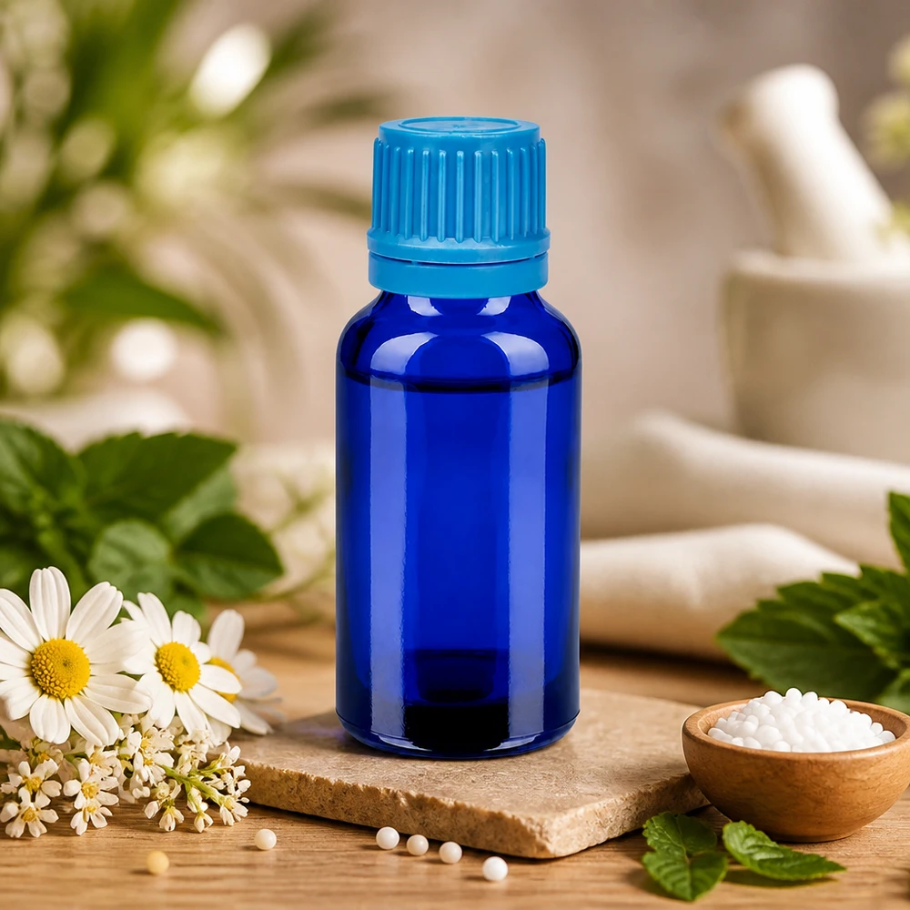 Flacone contagocce professionale da 20 ml in vetro blu con protezione UV per rimedi omeopatici