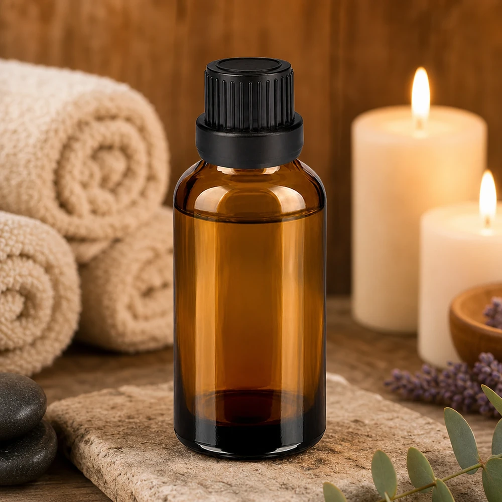 Flacone in vetro marrone da 30 ml con tappo nero per oli ed essenze naturali