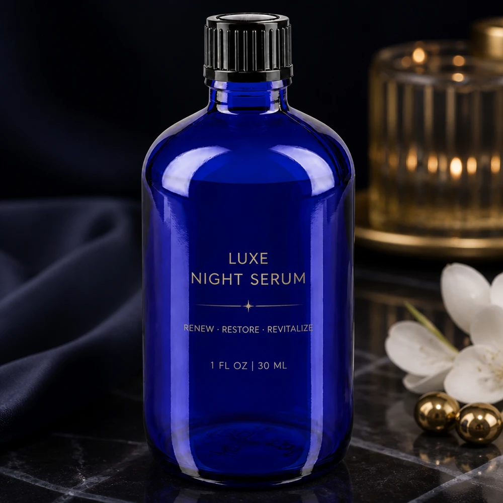 Dunkelblaue Apothekerflasche 100ml geriffelte Verschlusskappe neben weißer Blüte und Kerze
