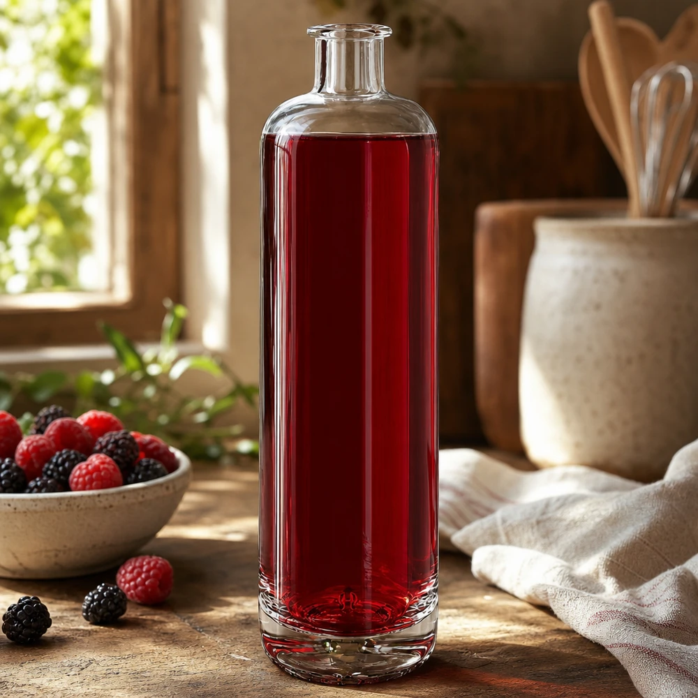 Bottiglia di vetro da 700 ml di Ella riempita di succo di bacche rosse accanto a lamponi e more freschi in una cucina rustica