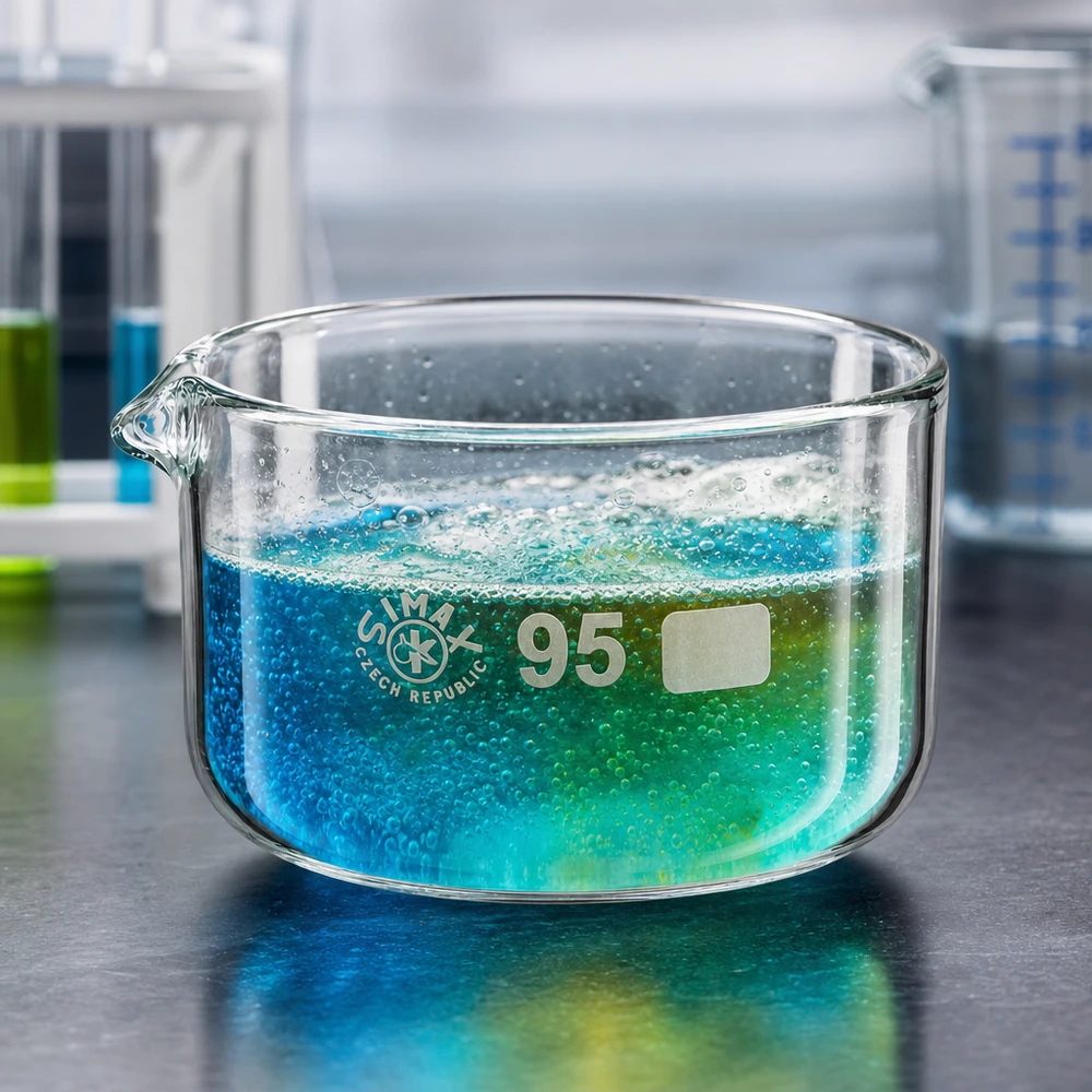 Kristallisierschale ø95mm 300ml mit aktivem Lösungsvorgang blau-grüner Chemikalien Labor