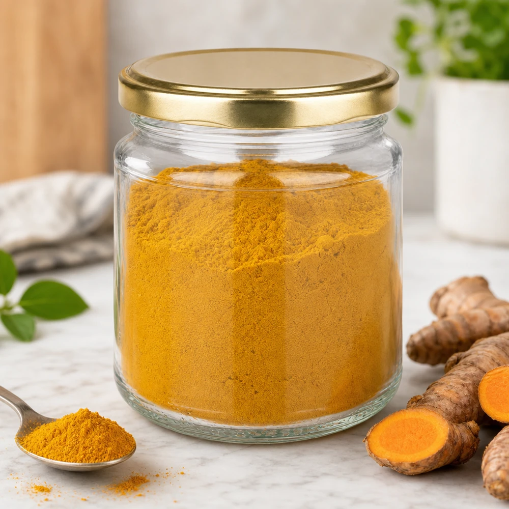 212ml Rundglas + BasicSeal Deckel gold TO63 UNiTWIST Barattolo UNiTWIST rotondo da 212 ml con coperchio dorato riempito di polvere di curcuma accanto a radici di curcuma fresche sul bancone della cucina