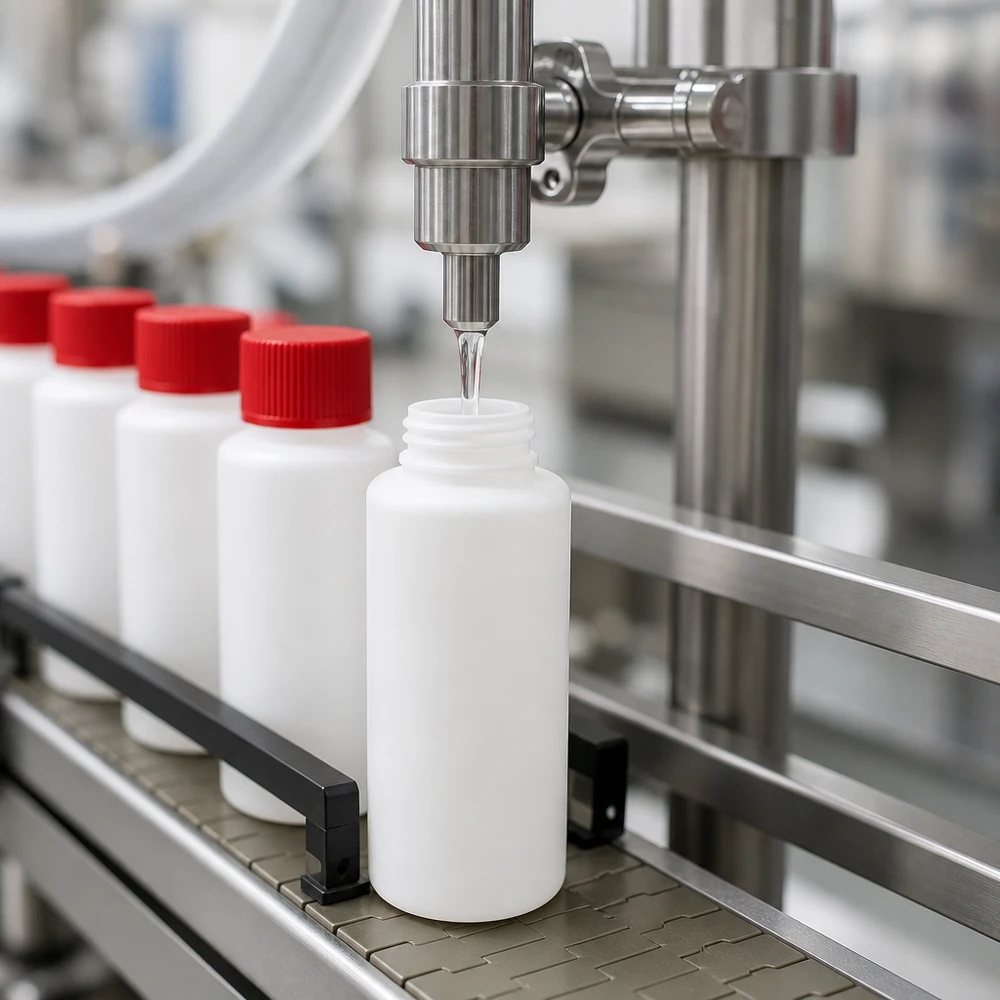 Flacon de pharmacie HDPE 30ml blanc avec bouchon vissable rouge Flacon rond blanc de 30 ml en HDPE avec bouchon rouge SV, rempli avec précision à la machine dans une usine pharmaceutique