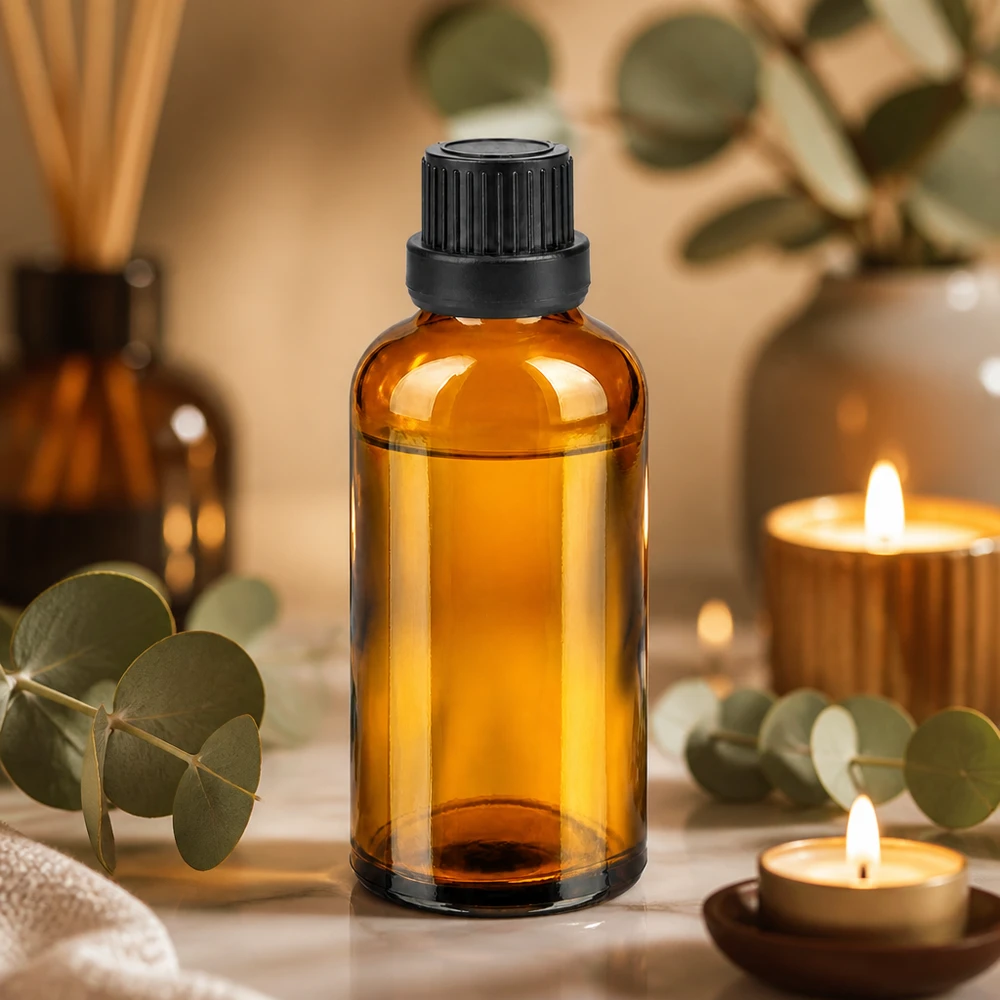 Elegante flacone da 50 ml in colore ambra con coperchio nero per oli di alta qualità