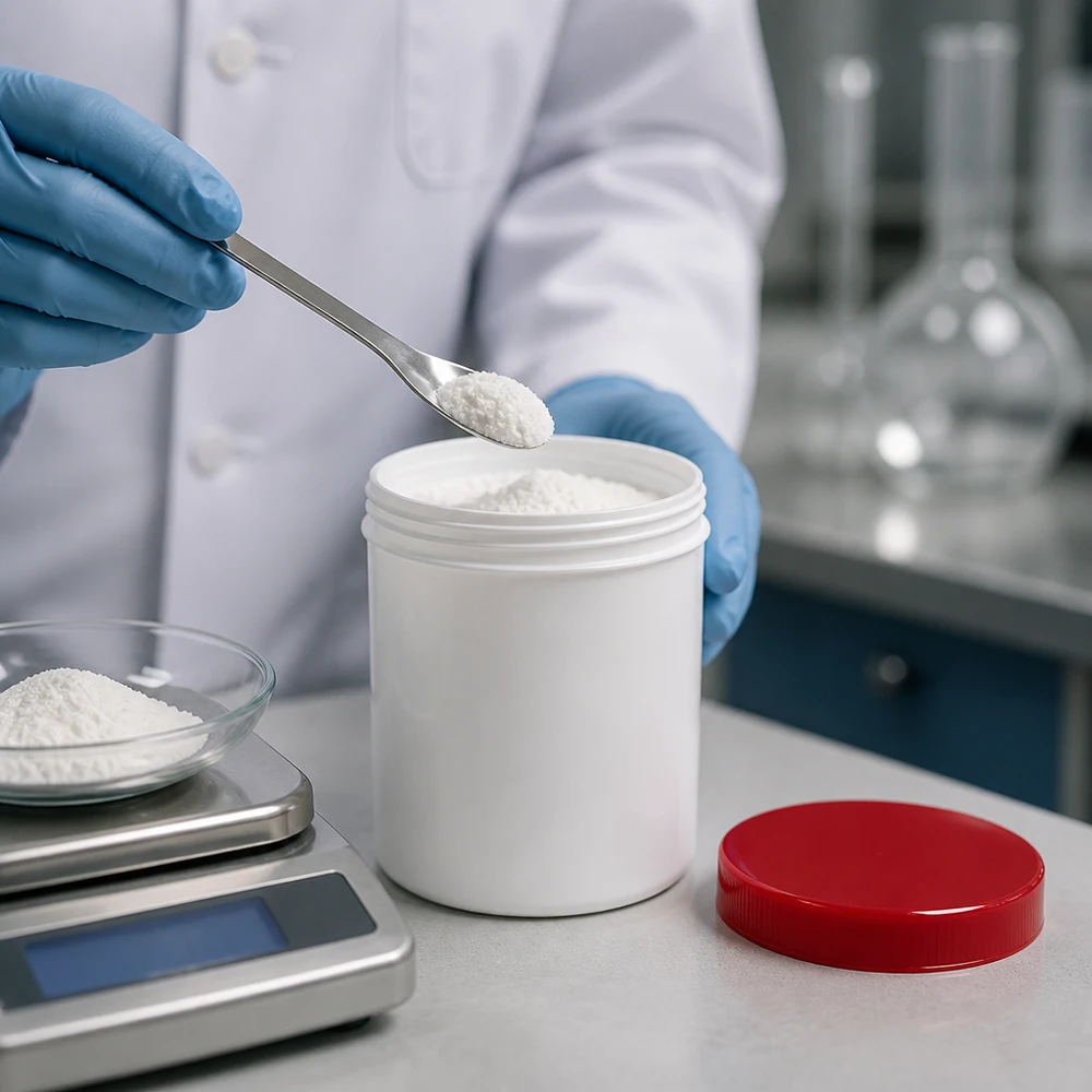 Pot à onguent blanc 100 g avec couvercle rouge (PP) Pot cylindrique de 100 g en PP blanc avec un couvercle rouge, à côté d'un ballon d'Erlenmeyer dans un laboratoire
