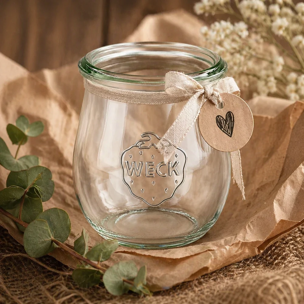 Vaso a tulipano da 220 ml WECK RR60 WECK vaso a tulipano 220ml RR60 decorativo con nastro e ciondolo su decorazione in eucalipto naturale