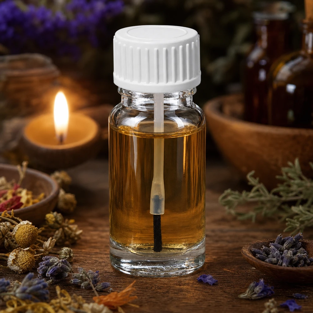 10ml Pinselflasche weiß Standardverschluss ClearLine UT18/10 Pinselflasche Klarglas 10ml weißer Schraubdeckel neben Lavendel Heilkräutern und Bienenwachskerze