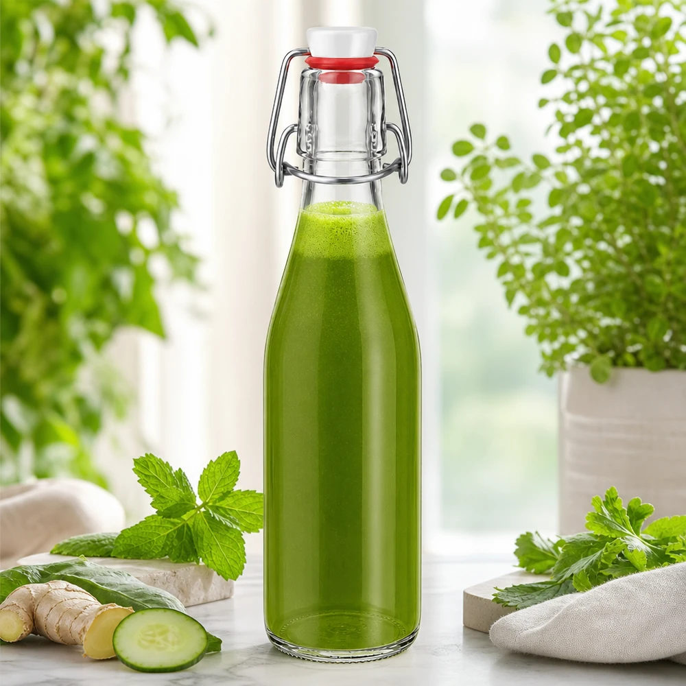 Bottiglia di vetro da 250 ml con tappo girevole riempita con frullato verde, zenzero, cetriolo, menta, ingredienti naturali.