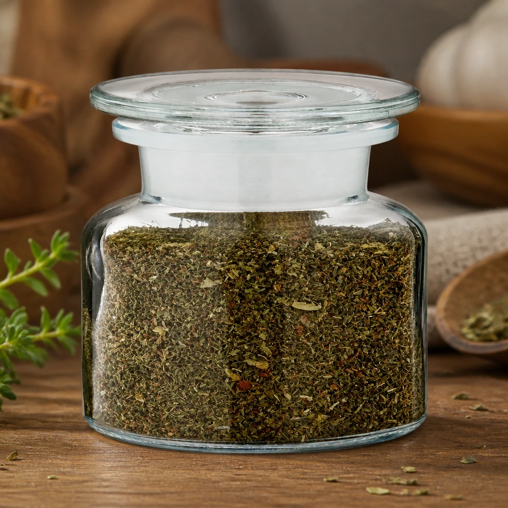 Idea barattolo per spezie: bottiglia per spezie da 100 ml a bocca larga in vetro trasparente Barattolo trasparente per spezie da 100 ml a collo largo con miscela di erbe essiccate e cucchiaino di legno