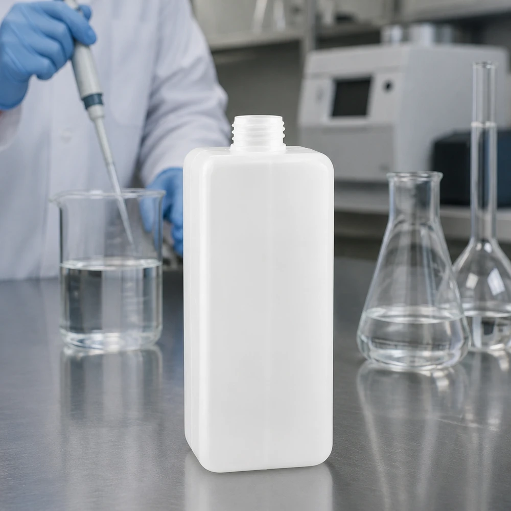Flacon à produits chimiques 1000 ml à col étroit, PEHD couleur naturelle, GL 32 Flacon en PE-HD robuste de 1 000 ml à col étroit, destiné au stockage en toute sécurité de produits chimiques de laboratoire agressifs