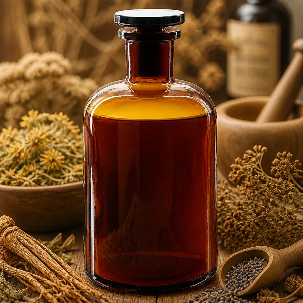 Flacon pharmaceutique 500 ml col étroit en verre ambré + bouchon Bouteille en verre ambré à épaulement arrondi, 500 ml, à col étroit, avec bouchon, entourée de plantes médicinales et de produits naturels
