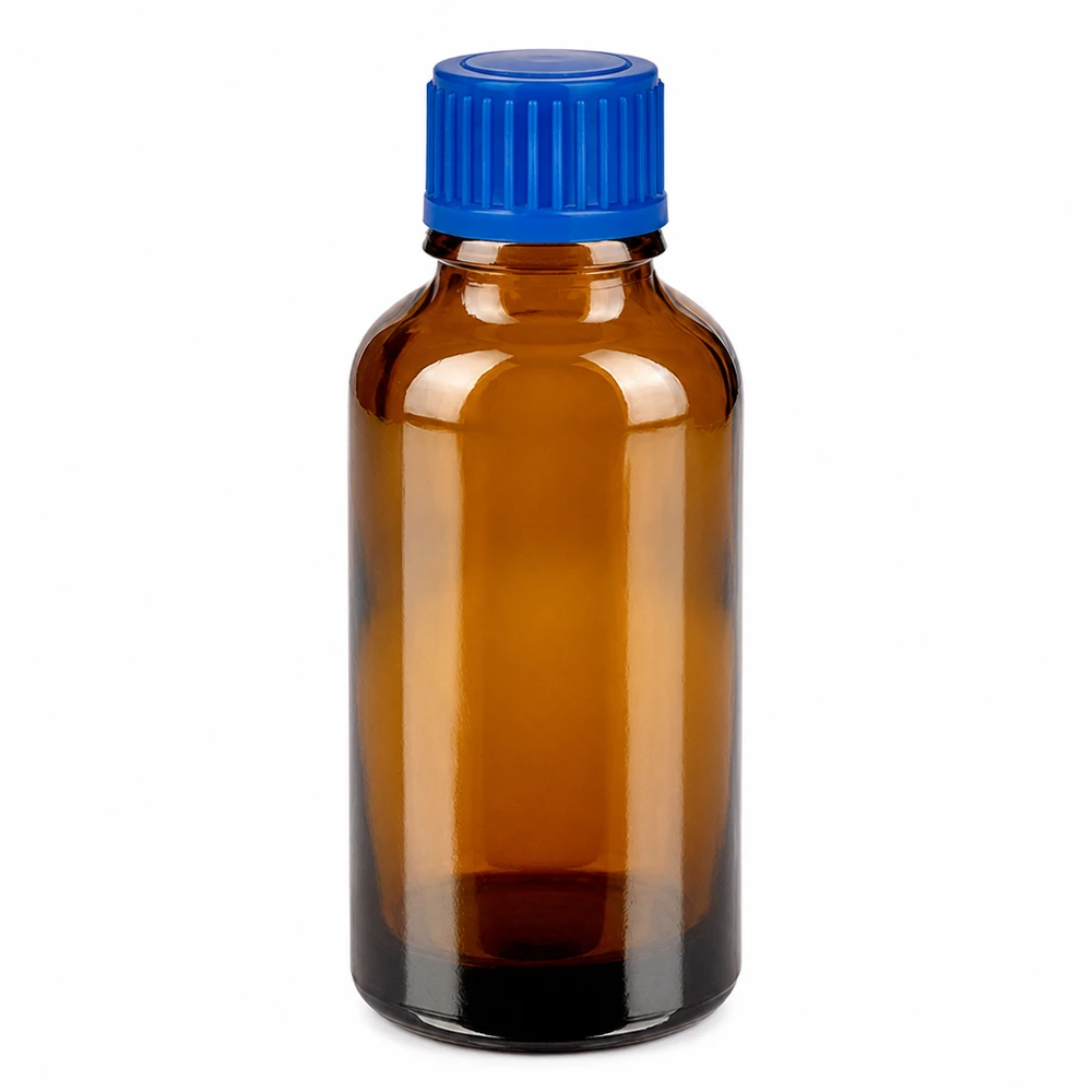 30ml Flasche 11mm Schraubverschluss blau Standard BrownLine UT18/30 30ml BrownLine Flasche mit blauem SV-Verschluss für pharmazeutische Anwendungen