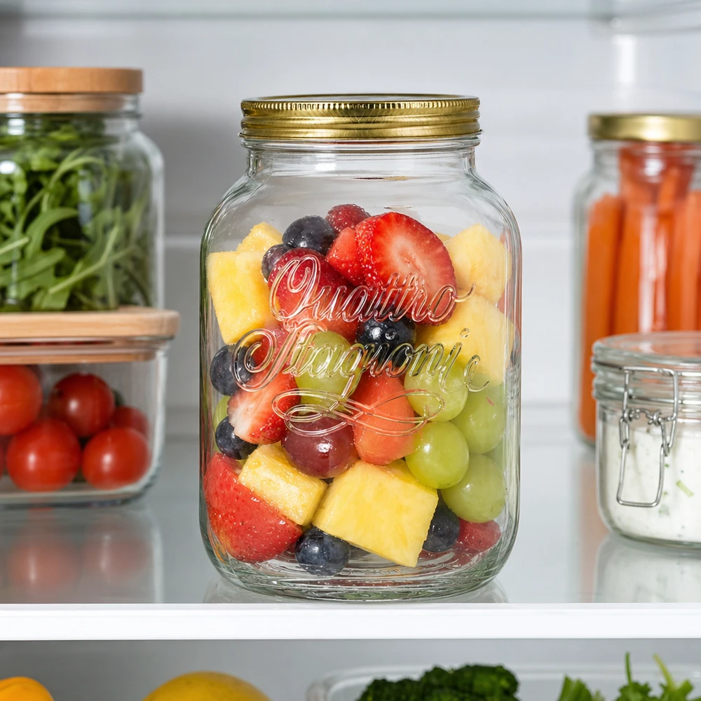 Vaso rotondo "Quattro Stagioni" da 3000 ml con coperchio Vaso rotondo da 3000 ml Quattro Stagioni con macedonia di frutta fresca in frigorifero accanto a verdure e altri vasi di conservazione