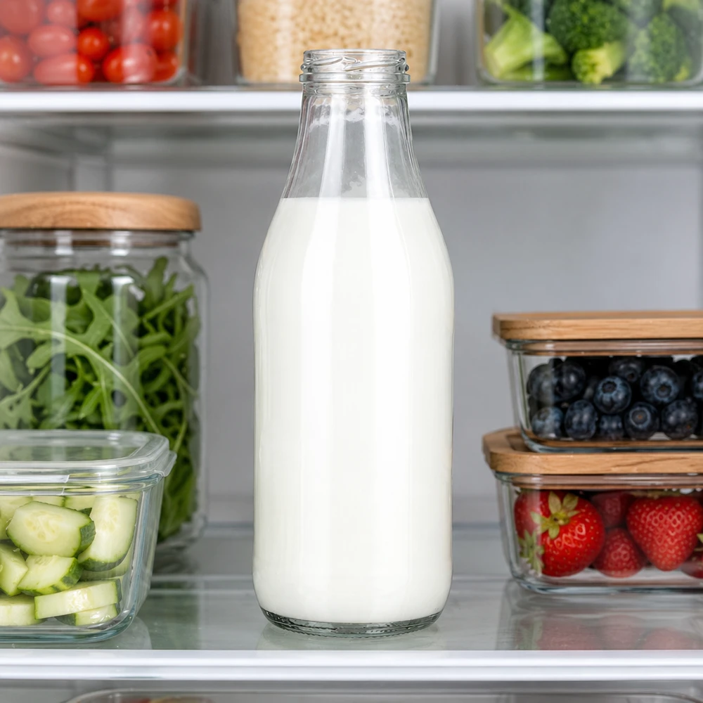 1000ml Glasflasche ohne Deckel (TO48) UNiTWIST Milchflasche 1000ml Glas TO48 UNiTWIST mit frischer Milch im Kühlschrank neben Obst und Gemüse Kücheneinsatz