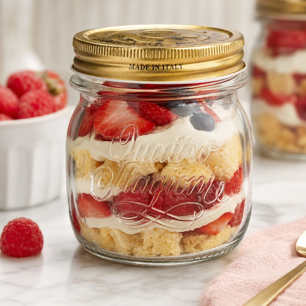 Barattolo rotondo "Quattro Stagioni" da 250 ml con coperchio Bicchiere rotondo Quattro Stagioni da 250 ml con coperchio dorato riempito con un dessert a strati di fragole e panna Made in Italy