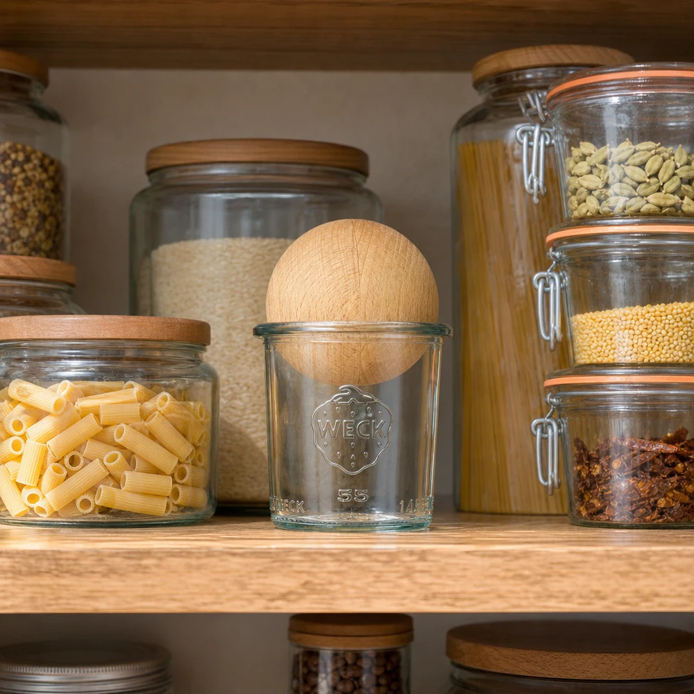 140ml Sturzglas WECK RR60 mit Holzkugel Buche WECK Glas 140ml RR60 mit Buche-Holzkugel in organisierter Vorratskammer zwischen anderen Aufbewahrungsgläsern
