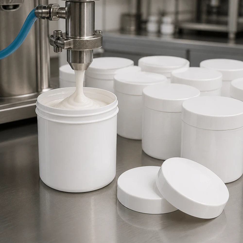 Pot à onguent blanc 250 g avec couvercle blanc (PP) Remplissage automatique de crème dans des pots à pommade blancs de 250 g munis d'un couvercle à vis en PP blanc