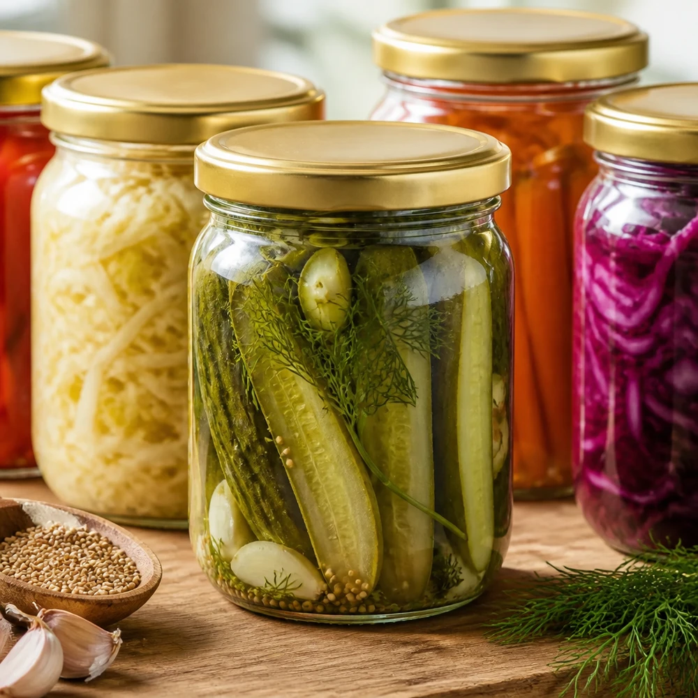 Barattoli per conserve da 425 ml con coperchi dorati, pieni di cetriolini sott'aceto, crauti e altre conserve.