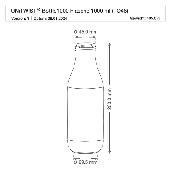 Bottiglia di vetro da 1000ml senza coperchio (TO48) UNiTWIST Disegno tecnico Bottiglia in vetro UNiTWIST da 1000 ml con dimensioni 260 mm altezza 45 mm apertura collo filettatura TO48