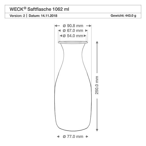 Set di 12 vasetti Weck da 1062 ml con 12 coperchi in vetro, Disegno tecnico della bottiglia di succo WECK 1062ml con dimensioni e peso per il coperchio di freschezza RR60