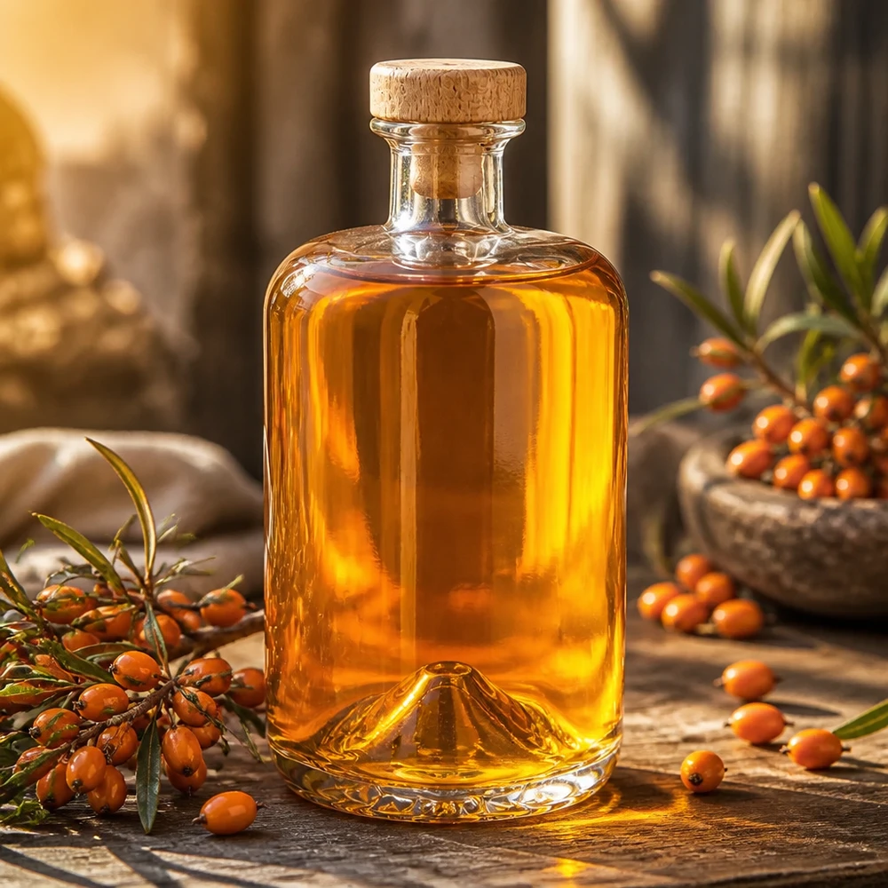 Flacone farmaceutico da 700 ml Sofia con tappo in sughero con impugnatura in legno UNiTWIST® Bottiglia in vetro di Sofia da 700 ml con tappo in sughero, riempita di olio ambrato accanto a bacche di olivello spinoso.