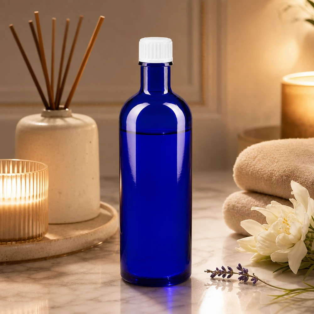Apothekenflasche blau 200ml Schraubverschluss weiß Standard Schlanke Apothekerflasche blau 200ml Glas mit weißem Verschluss im Spa-Ambiente