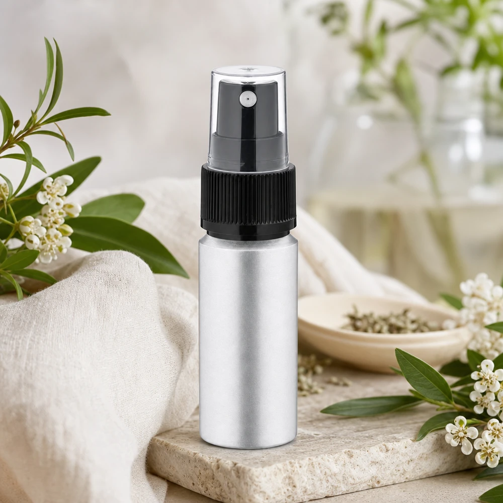 20ml gebeizte Aluflasche mit Zerstäuber 20ml Aluflasche mit Pumpsprüher in edler gebürsteter Optik für hochwertige Beauty-Produkte