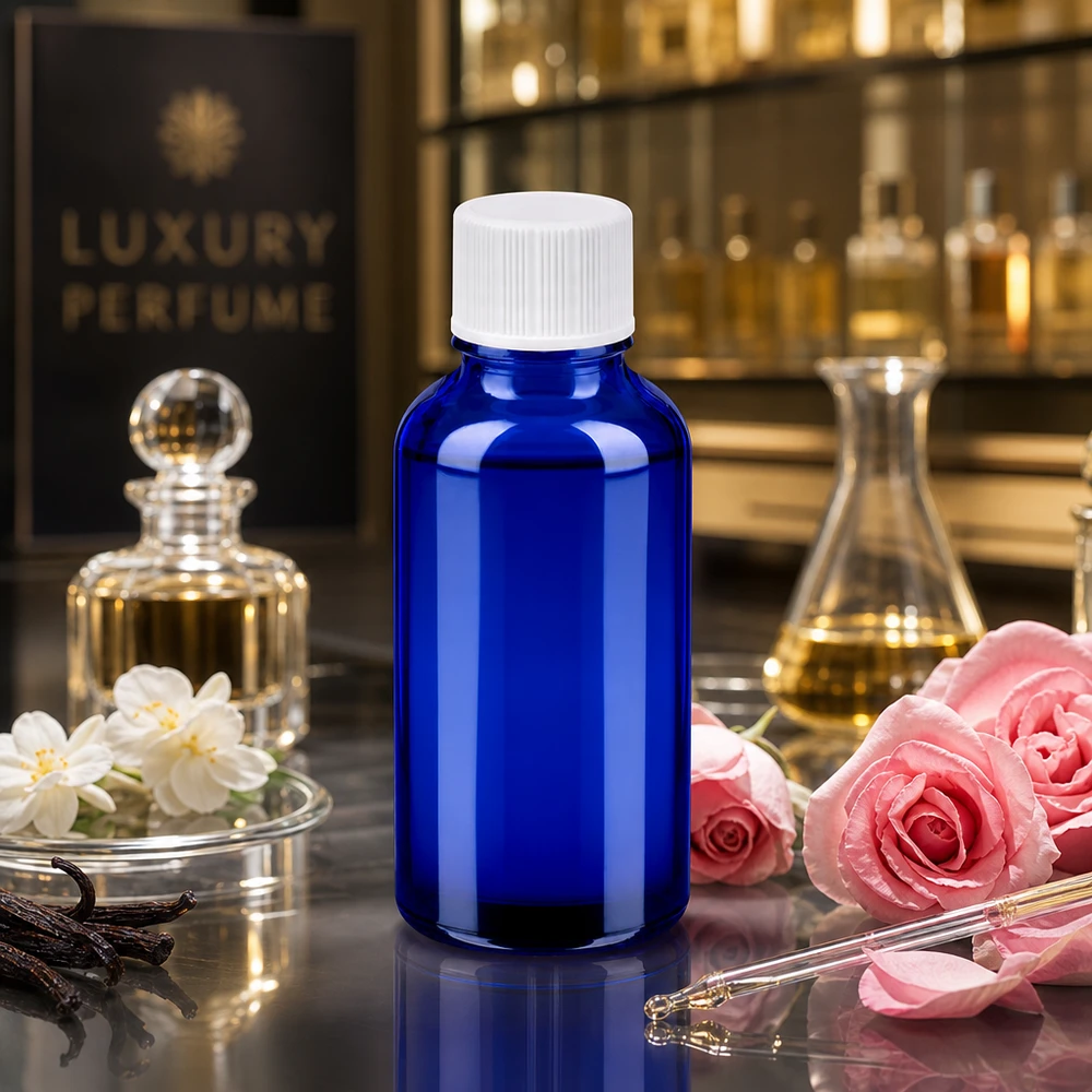 Robusto flacone di piccolo volume da 30 ml in vetro spesso con sistema di chiusura sicuro per il trasporto