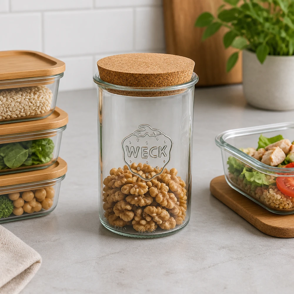 1000ml Sturzglas WECK RR100 mit Korken natur WECK Sturzglas RR100 1000ml mit Korkdeckel gefüllt mit Walnüssen moderne Küchenorganisation Vorratshaltung Lifestyle