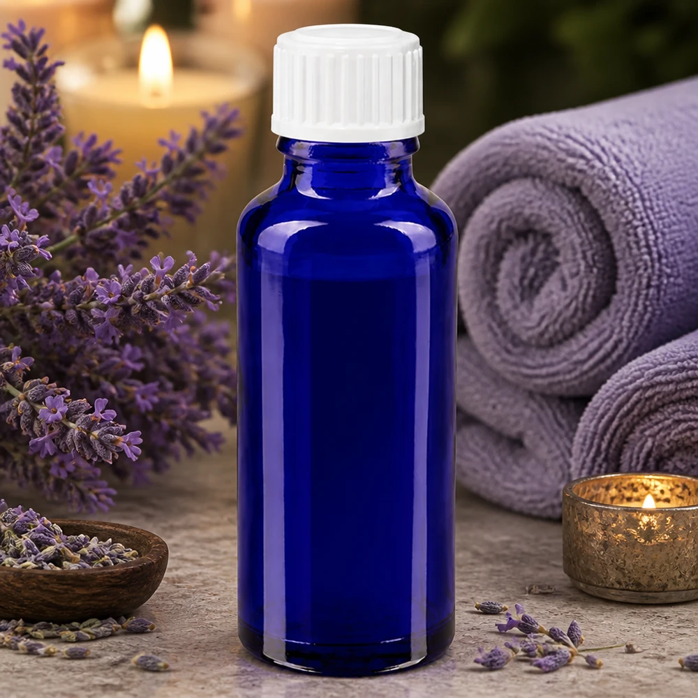 Apothekenflasche blau 30ml Schraubverschluss weiß Globuli Standard Blaue 30ml Standardglasflasche mit weißem Sicherheitsverschluss für Naturkosmetik und Aromatherapie