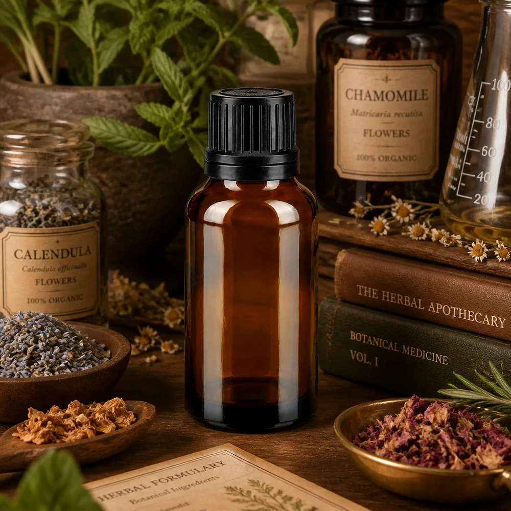 Flacon à usage pharmaceutique bleu 20ml bouchon d'inviolabilité noir 1mm Flacon compte-gouttes ApoGlas brun de 20 ml avec bouchon noir, parmi des ouvrages sur les herbes et les plantes médicinales
