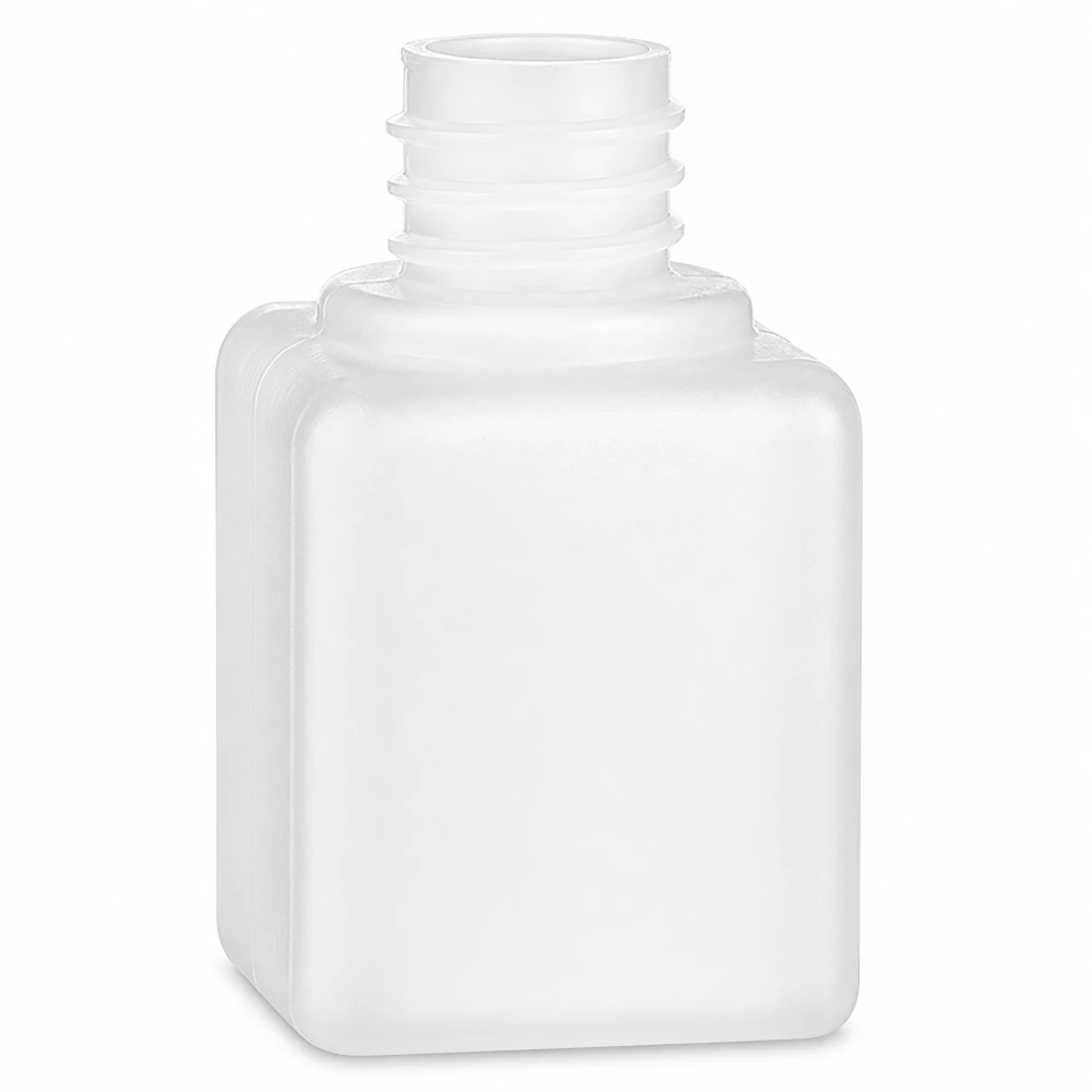 Flacon compact en PE-HD de 20 ml, de forme carrée, à col étroit GL18, destiné aux produits chimiques et au matériel de laboratoire