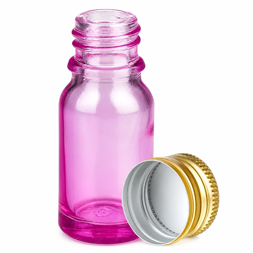 Pratico flacone in vetro viola con capacità di 10 ml e pratico tappo a vite in alluminio.