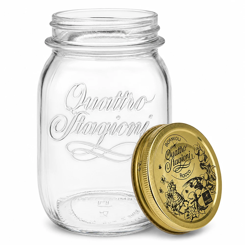 Barattolo rotondo "Quattro Stagioni" da 500 ml con coperchio Italienisches Einmachglas 500ml mit abnehmbarem Deckel Detail-Ansicht für Küche und Vorratshaltung
