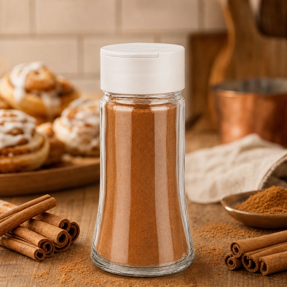 Pot à sel/épices 95 ml avec double saupoudreuse, blanc Transparentes Streuglas 95ml mit weißem Deckel gefüllt mit braunem Gewürzpulver in Küchenumgebung