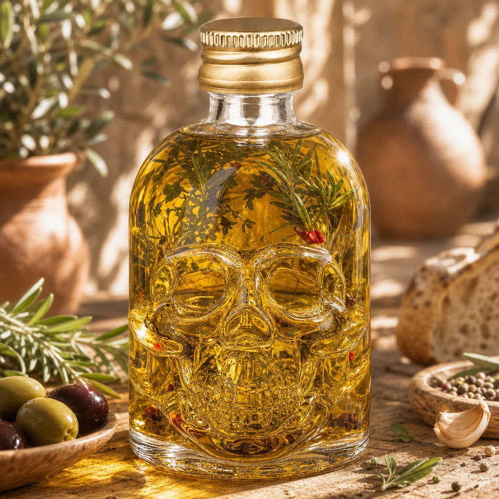 Bottiglia in vetro da 50 ml Hector con tappo a vite oro UNiTWIST® Bottiglia di vetro Hector 50ml riempita con olio alle erbe e decorazione al rosmarino in uno scenario di olio d'oliva mediterraneo