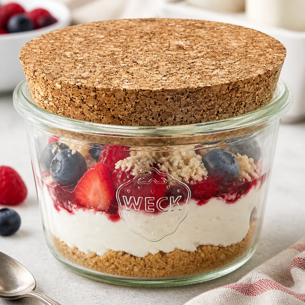 370ml Sturzglas WECK RR100 mit Korken natur WECK Sturzglas 370ml RR100 mit Korken gefüllt als Dessert-Schichtglas mit Beeren Joghurt und Streuseln