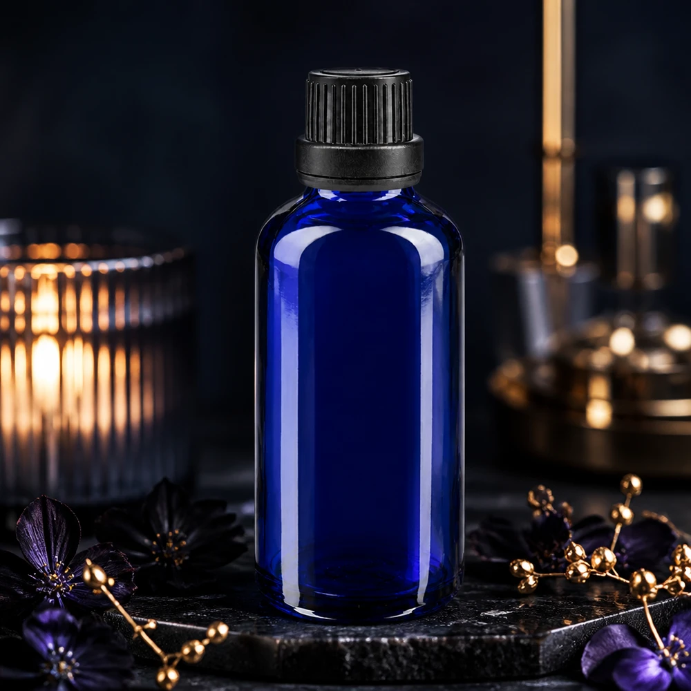 Flacon à pharmacie bleu 50ml bouchon inviolabilité 2mm noir Flacon en verre bleu foncé de 50 ml avec un bouchon noir rainuré, posé sur une pierre d'ardoise ornée de fleurs violettes et éclairé à la lueur d'une bougie