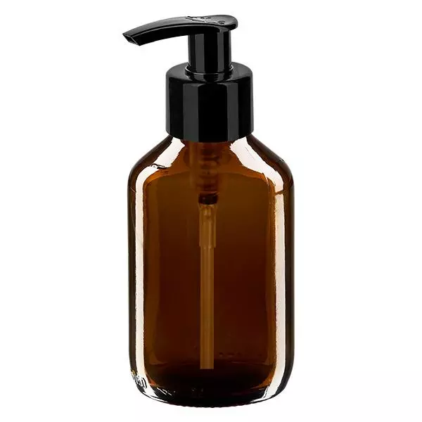 Flacone per medicinali da 150 ml marrone, con pompa dispenser nera ApoGl