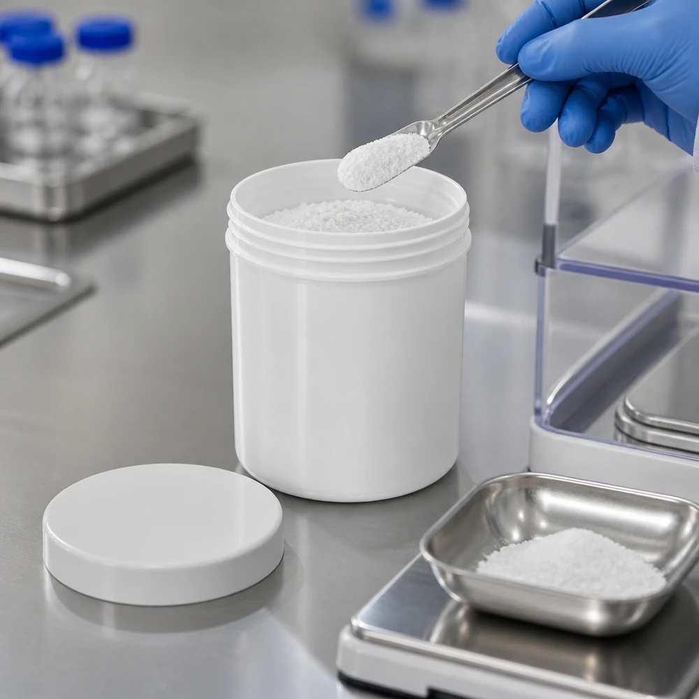 Pot à onguent blanc 20 g avec couvercle blanc (PP) Conditionnement pharmaceutique : poudre blanche dans un pot à pommade en PP de 20 g avec couvercle à vis