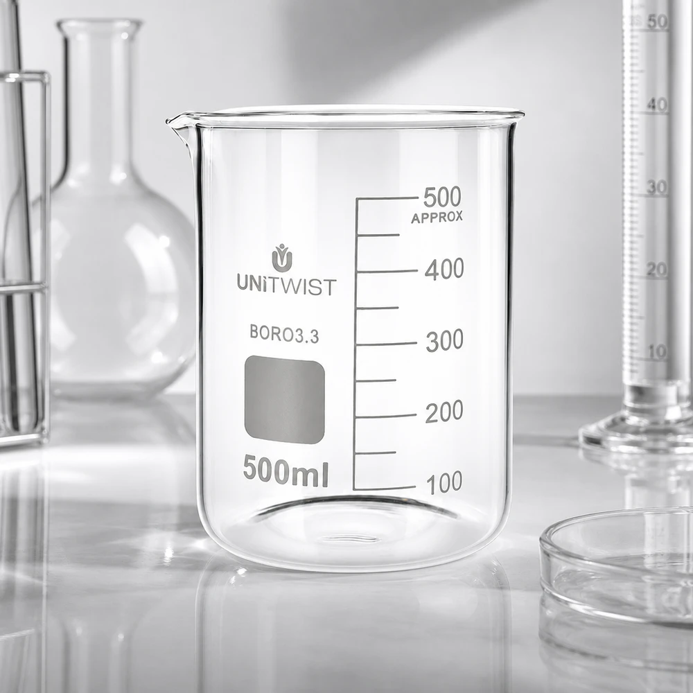 Bicchiere 500ml borosilicato, stampo basso UNiTWIST Bicchiere da laboratorio UNiTWIST da 500 ml in BORO3.3, di forma bassa, circondato da matracci da laboratorio e provette graduate