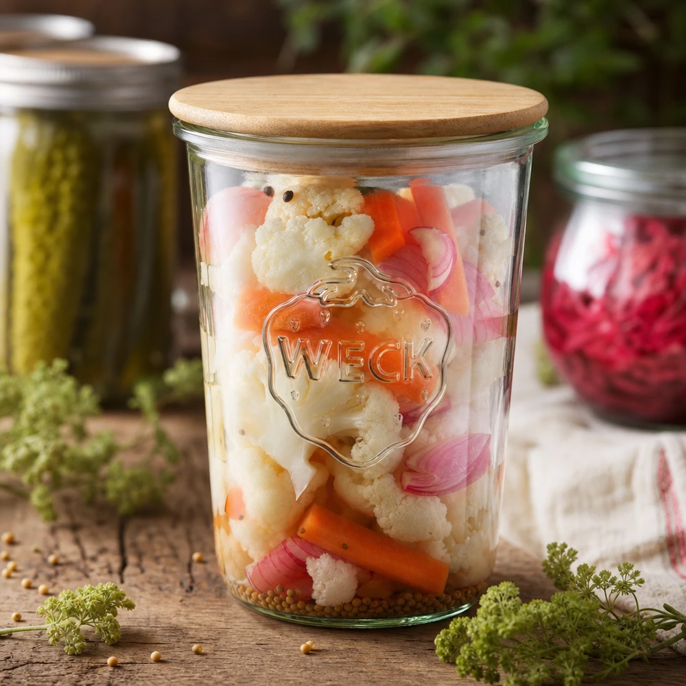 850ml Sturzglas WECK RR100 mit Holzdeckel WECK Einmachglas 850ml RR100 mit eingelegtem Gemüse Cauliflower Karotten Zwiebeln fermentierte Lebensmittel Holzdeckel