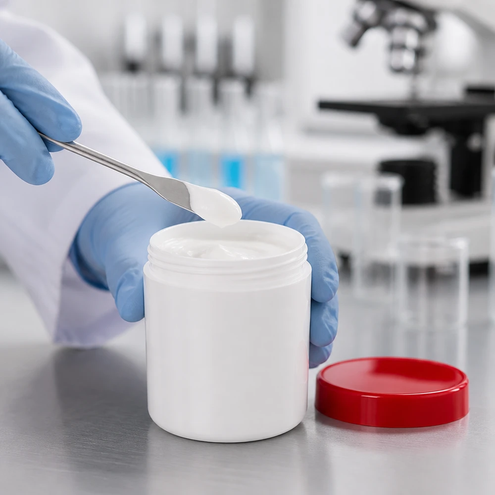 Pot de pharmacie blanc de 50 g avec couvercle rouge, destiné à la conservation de crèmes pour la peau