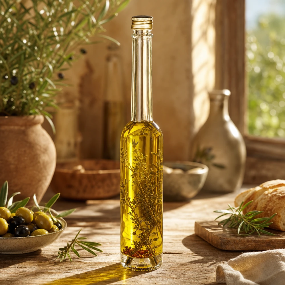 Bottiglia in vetro da 100 ml Toni con tappo a vite argento UNiTWIST® 100ml Glasflasche Toni mit Olivenöl und Kräutern - UNiTWIST Goldverschluss in mediterraner Küche mit Oliven und Brot
